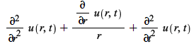 `+`(diff(u(r, t), r, r), `/`(`*`(diff(u(r, t), r)), `*`(r)), diff(u(r, t), t, t)); 